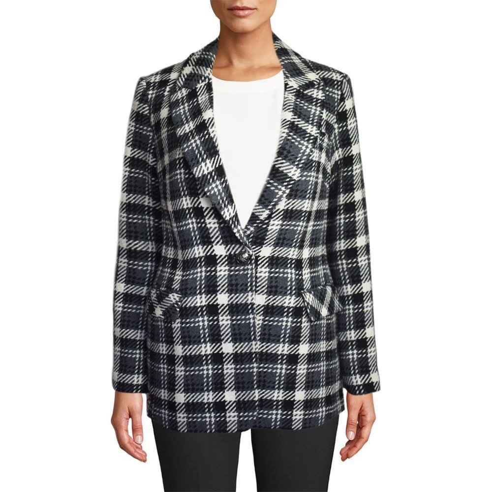 Elie Tahari Women’s Blazer Woven Tweed Classic Plaid Suit Jacket Size S